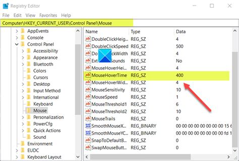 Registry Editor MouseHoverTime
