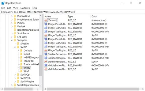 Registry Editor Synaptics Key Path