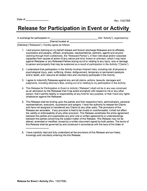 Release For Participation In Event Or Activity Printable Form