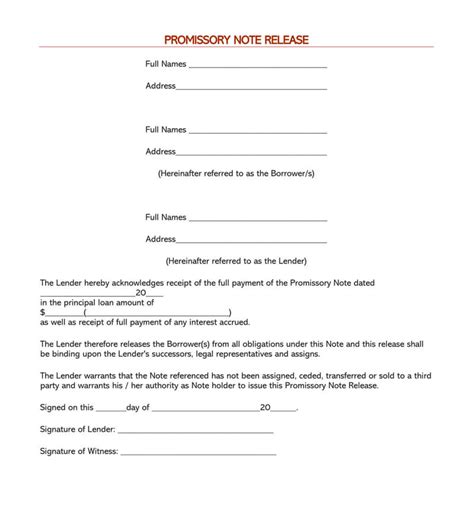 Release Of Promissory Note Template