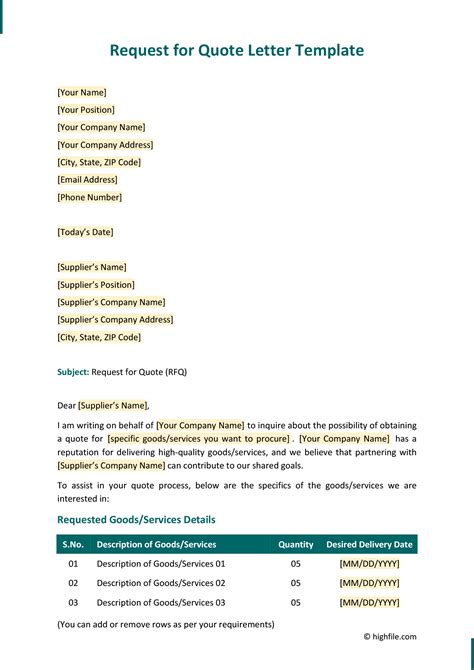 Request For Quote Letter Template