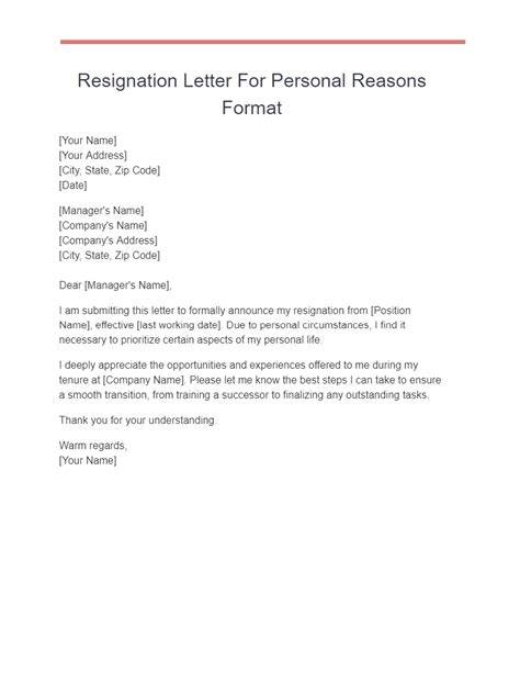 Resignation Letter For Personal Reasons Template