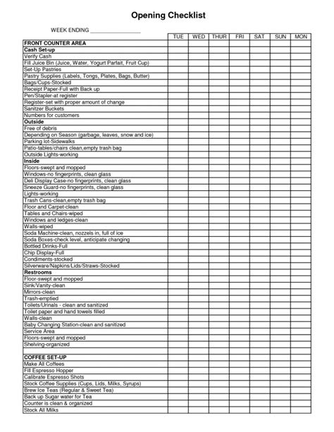 Restaurant Cleaning List Template