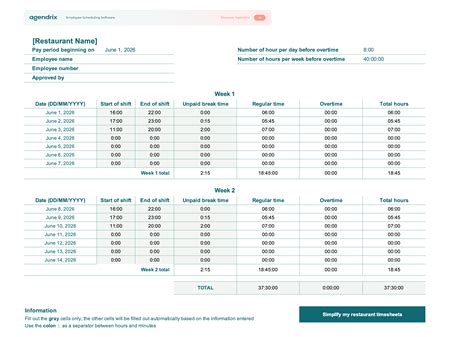 Restaurant Timesheet Template