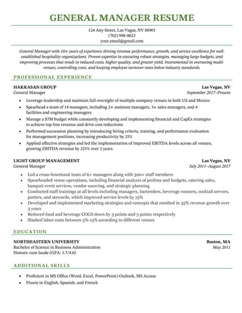 Resume Template For Manager Position