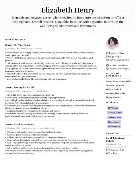 Resume Template For Server