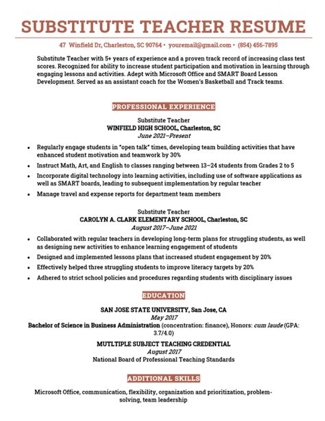 Resume Template For Substitute Teacher