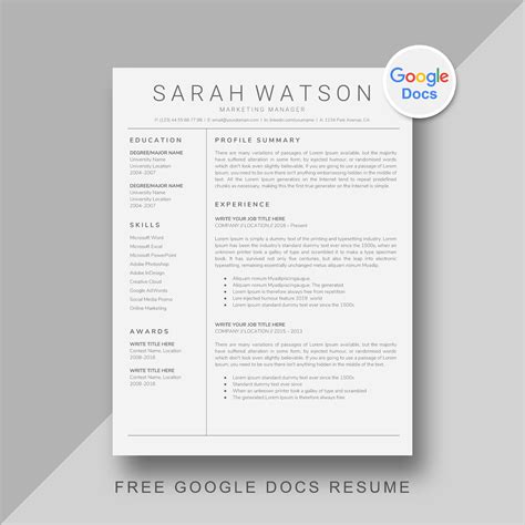 Resume Template Google Docs Free
