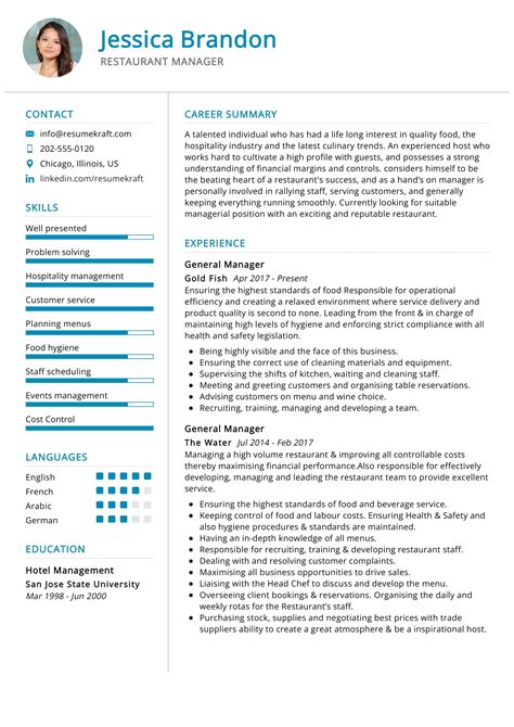 Resume Templates For Restaurant Managers