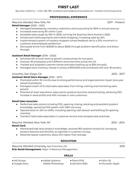 Resume Templates For Retail Management Positions