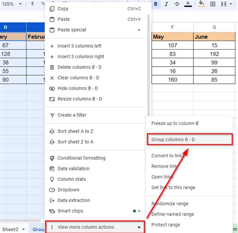 Right click on selected columns in Google Sheets