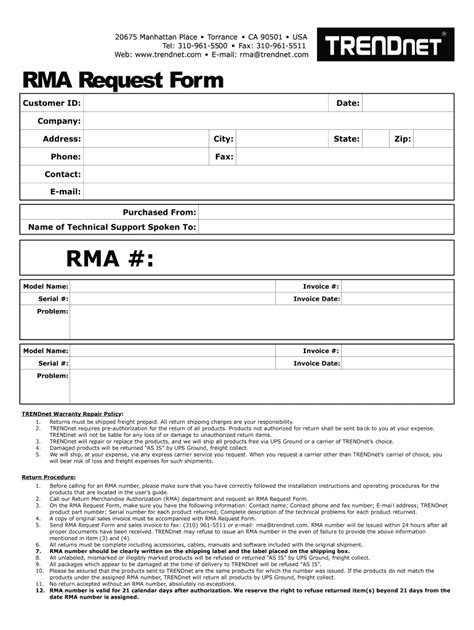 Rma Form Template Word