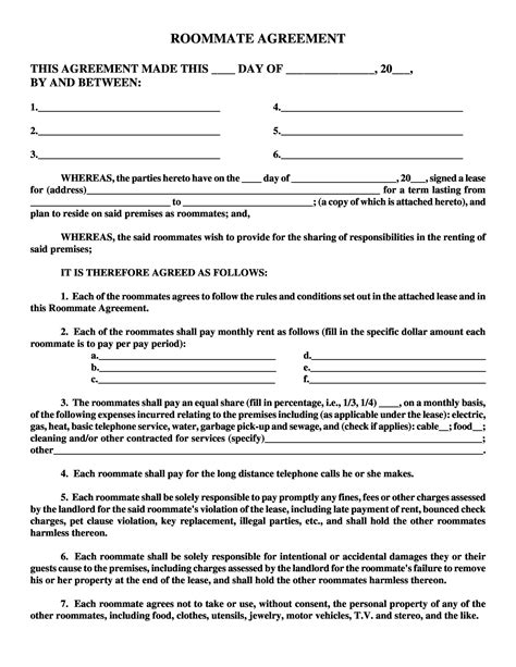 Roomate Agreement Template