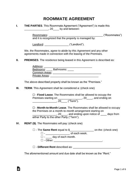 Roommate Contract Template Free