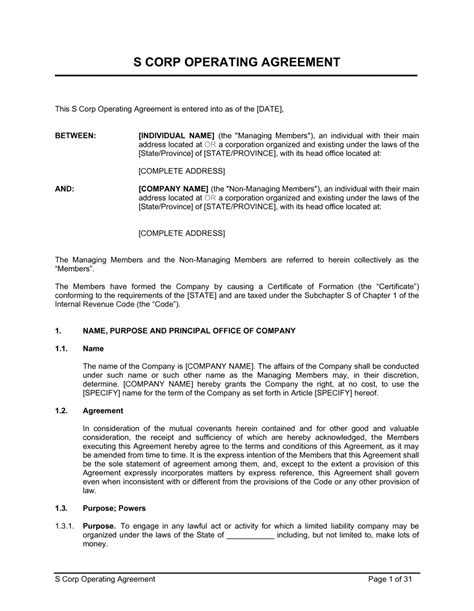 S Corp Operating Agreement Template