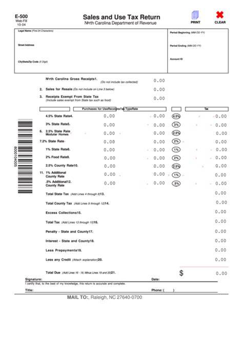 Sales And Use Tax Return Nc E-500 Printable Form