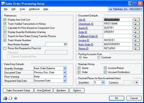Sales Order Processing Setup Window