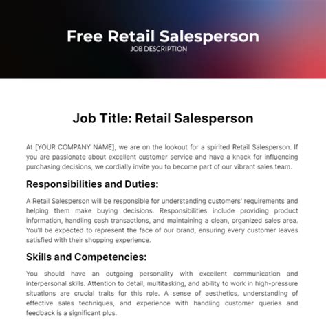 Salesperson Job Description Template