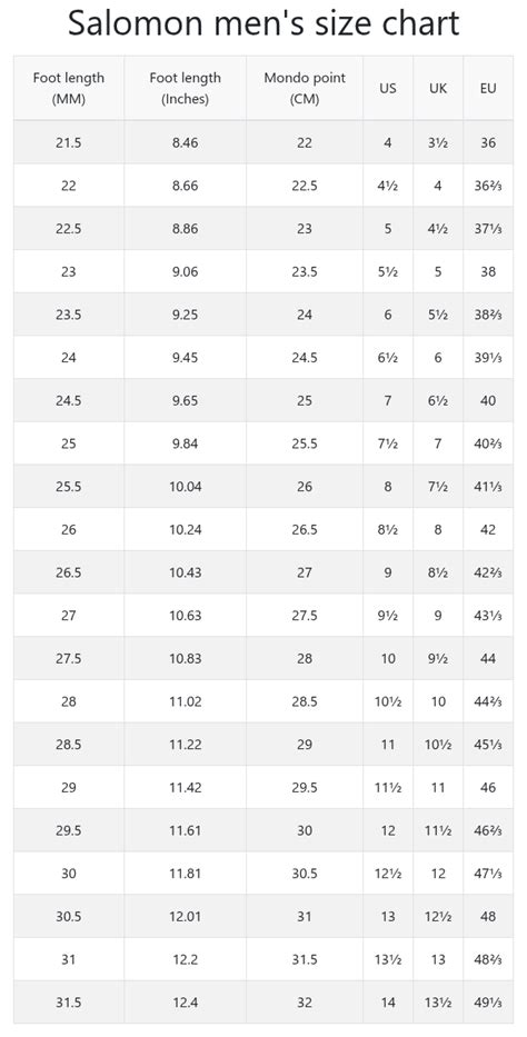 Salomon Boot Size Chart