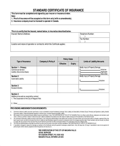Sample Certificate Of Insurance Template