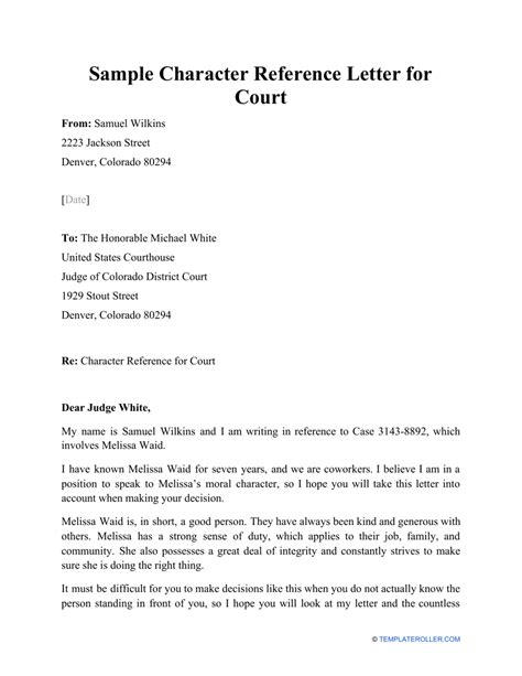 Sample Character Reference Letter For Court Template