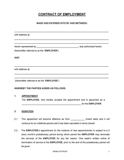 Sample Contract Of Employment Template