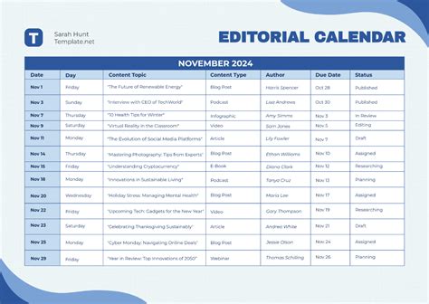 Sample Editorial Calendar Template