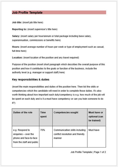 Sample Job Profile Template