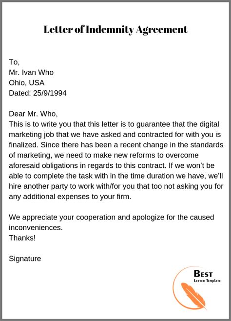 Sample Letter Indemnity Template