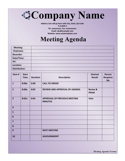 Sample Meeting Agenda Template