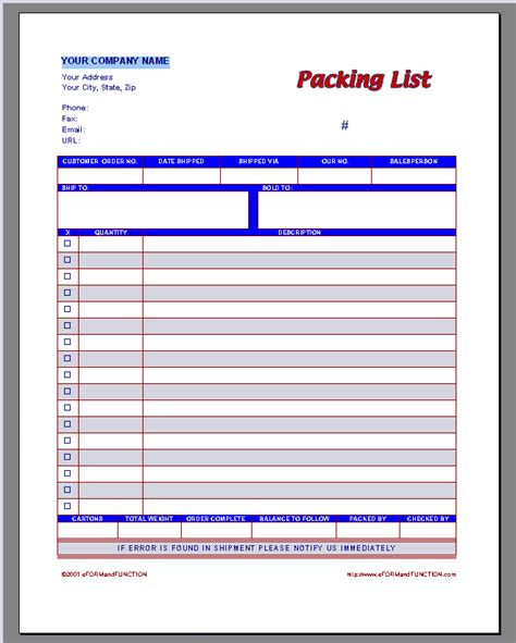 Sample Packing List Template