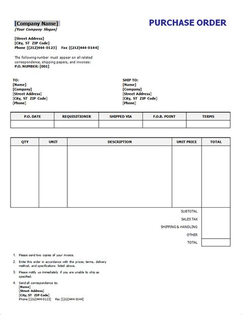 Sample Purchase Order Template Word
