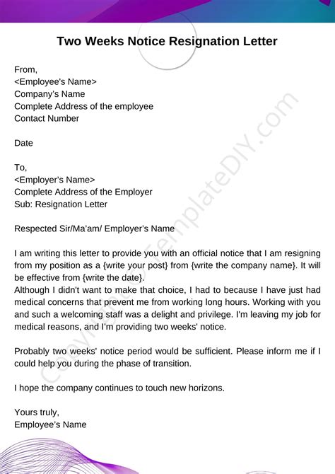 Sample Resignation Letter 2 Weeks Notice Template