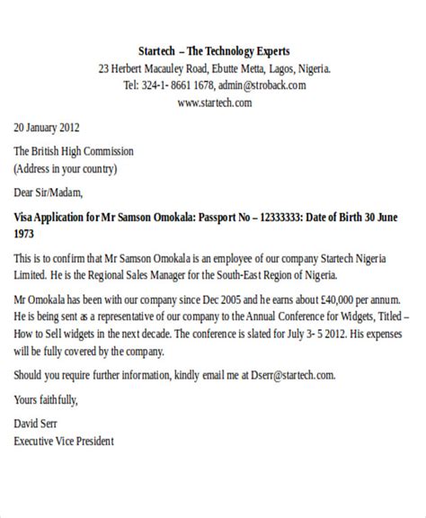 Sample Visa Application Letter
