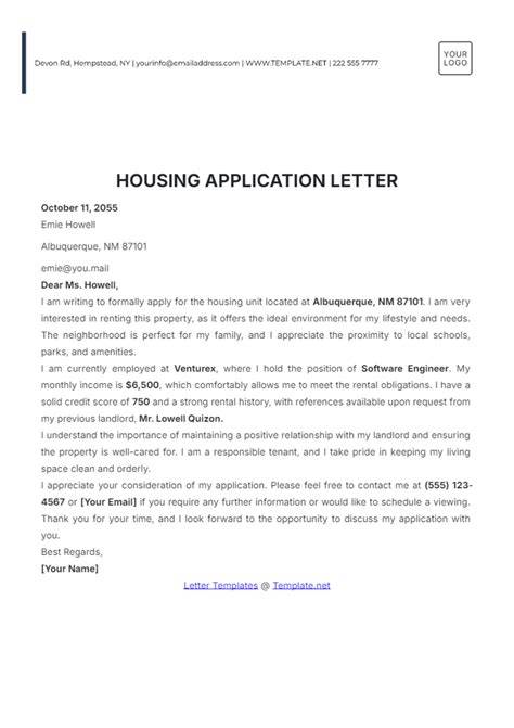 Sample application letter for subsidized housing loan
