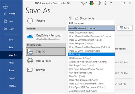 Save as PDF in Word