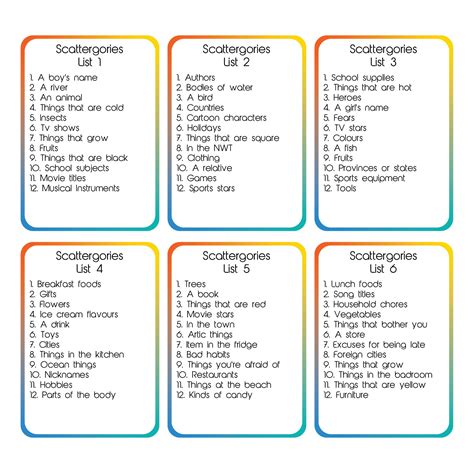 Scattergories Questions Printable