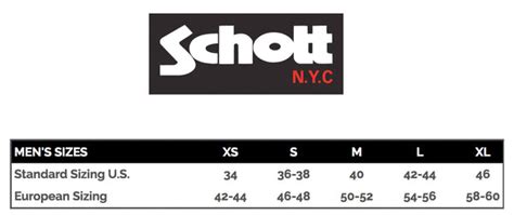 Schott Nyc Size Chart
