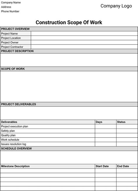 Scope Of Work Template For Construction