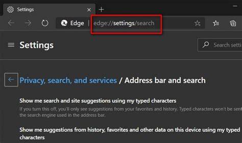 Search engine settings in Edge