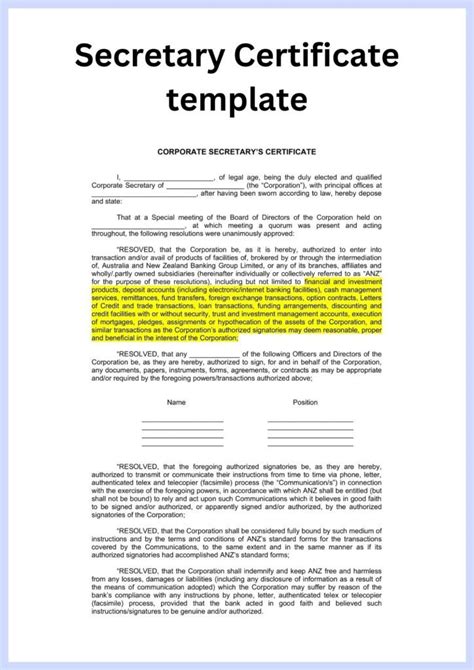 Secretarys Certificate Template