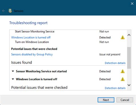 Sensors Troubleshooter Windows