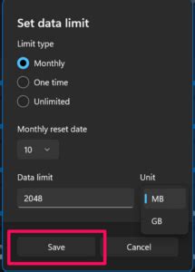 Set Data Limits Windows 11