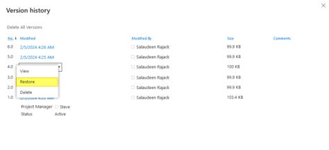 SharePoint Restore Version Option