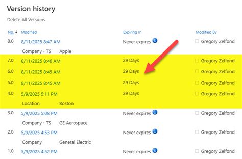 SharePoint Version History Menu