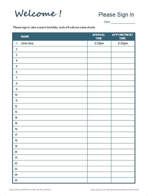 Sign In Sheet Template Printable