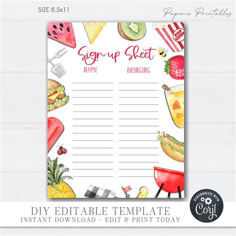 Sign Up Sheet Template For Food
