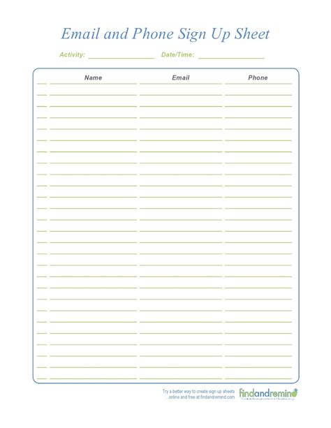 Sign Up Sheet Template Name And Email