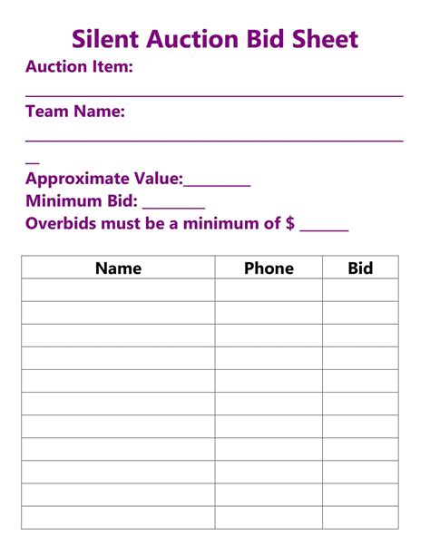 Silent Auction Bid Sheet Free Printable