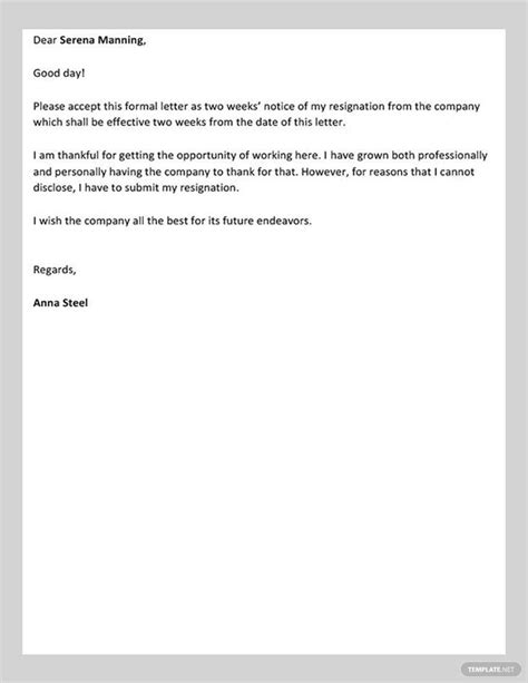 Simple Two Week Notice Letter Template